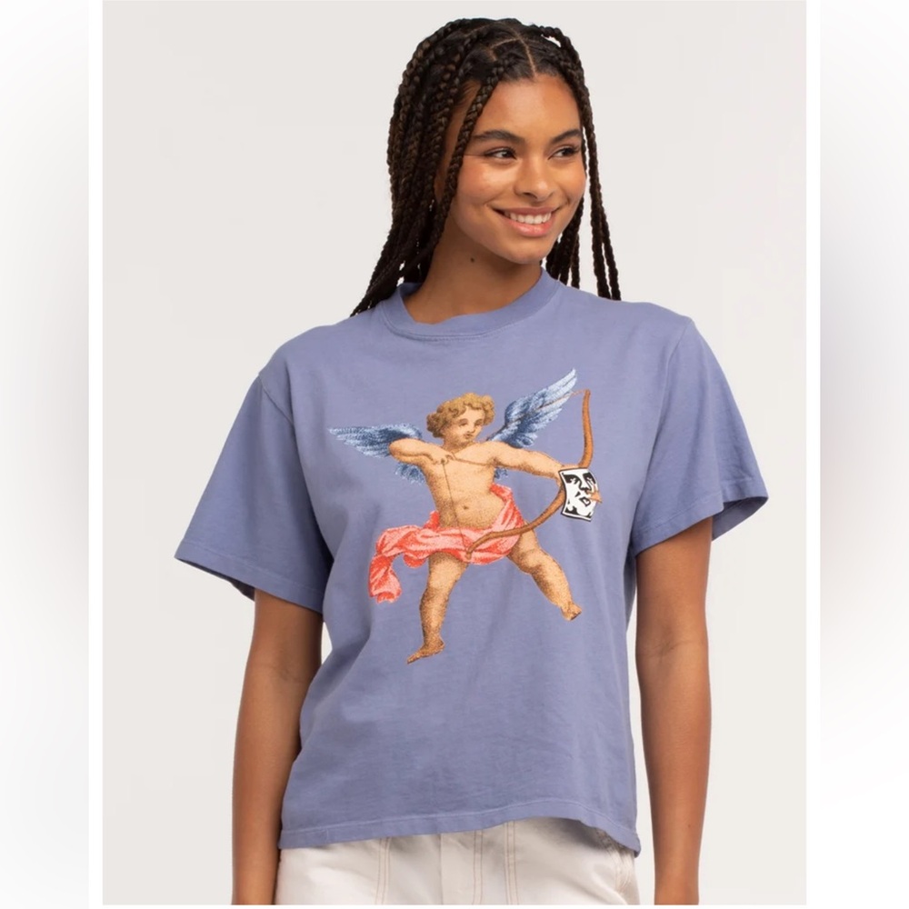 OBEY Watch Out Womens Tee PERIWINKLE Purple Medium Oversized Crop Medium Unisex - Picture 9 of 9
